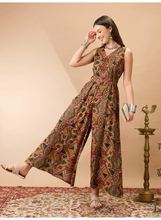 globus Globus Women Mustard Wrap V-Neck Sleeveless Tribal Print Flared Wide Leg Fusion Jumpsuit with Belt